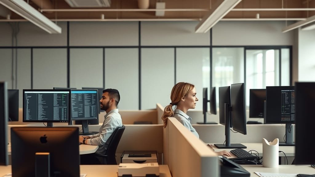 A small support team at adjoining desks, each working on a monitor of data rows