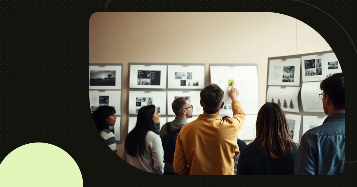 A small design team at a wall of printed screens during a design critique