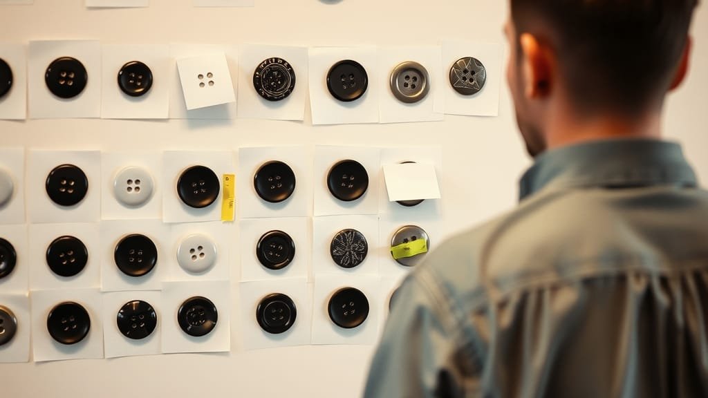 A designer at a wall of printed button variations, many nearly identical