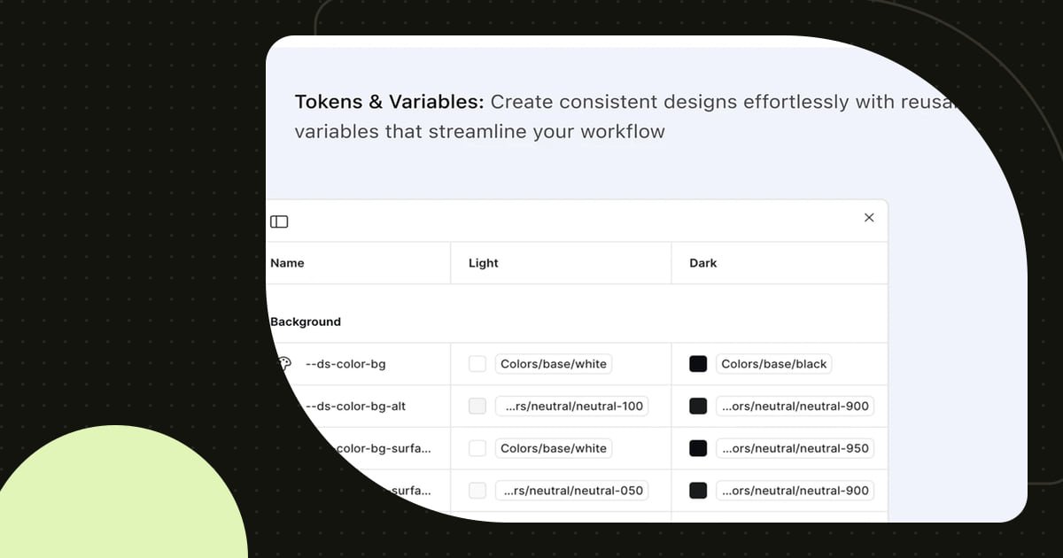 The HelloUI design system's Tokens and Variables panel, listing background tokens with their light and dark values