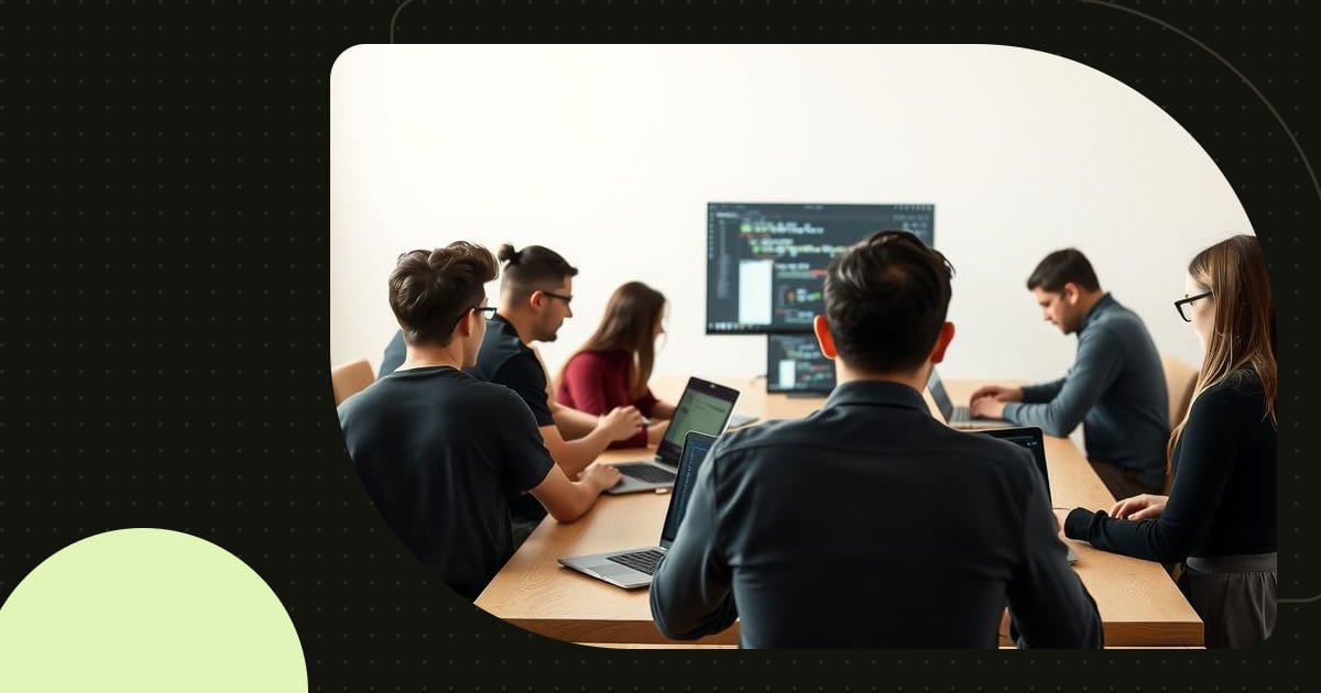 A product team around a table using the same software on their laptops