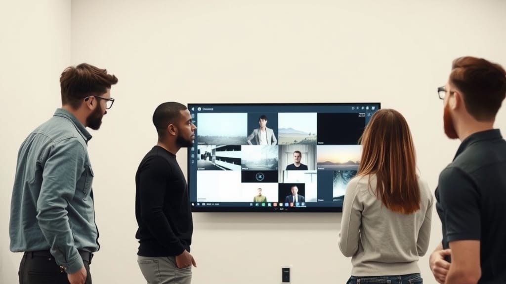 A designer walking two engineers through screens on a large monitor