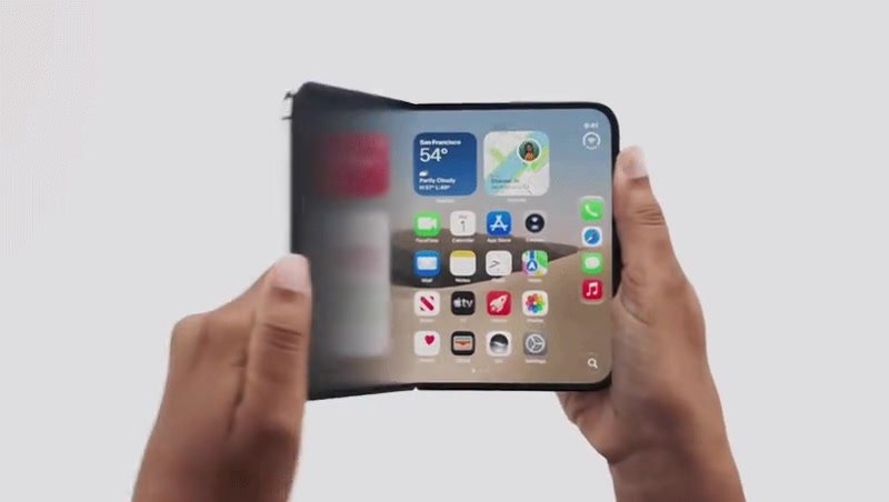 A single frame from the middle of the fold. The right of the home screen is sharp and fully laid out, while the newly revealed strip on the left is a soft, low-contrast smear with no readable icons.