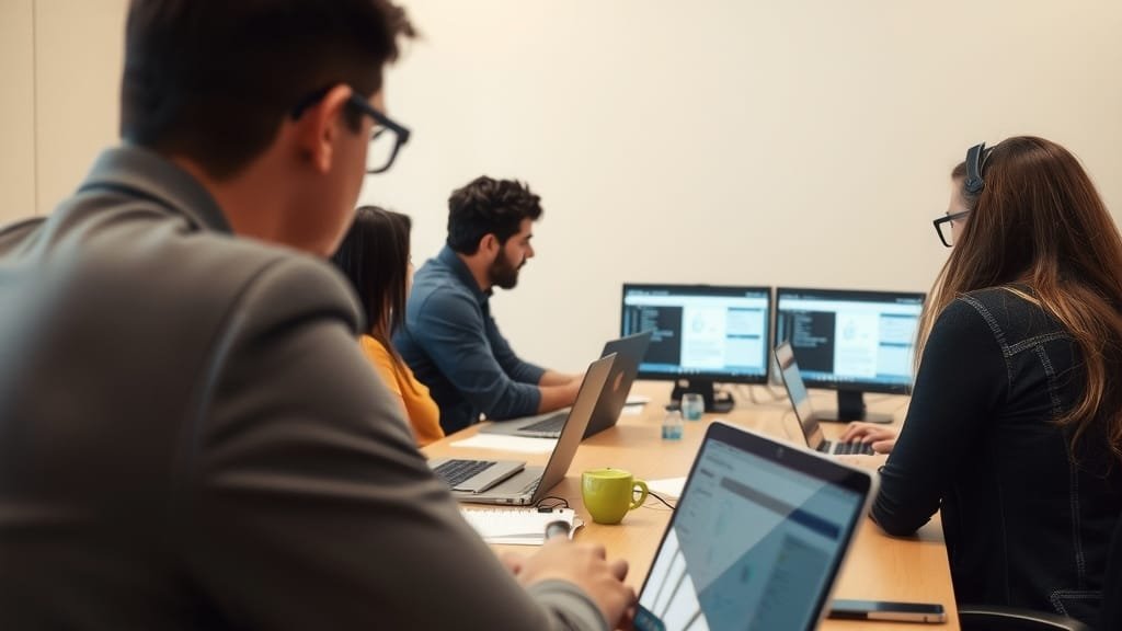 A small pilot group in a meeting room trying a new software layout on laptops