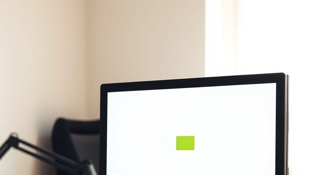 A monitor on a tidy desk showing a mostly empty software workspace
