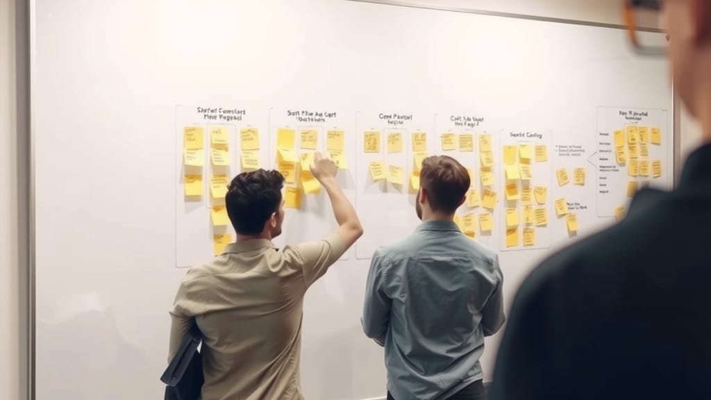 A whiteboard sitemap of sticky notes being regrouped
