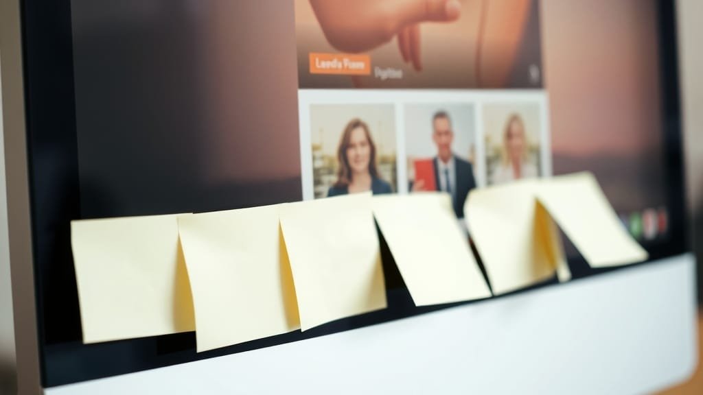 Five sticky notes in a column along the edge of a monitor