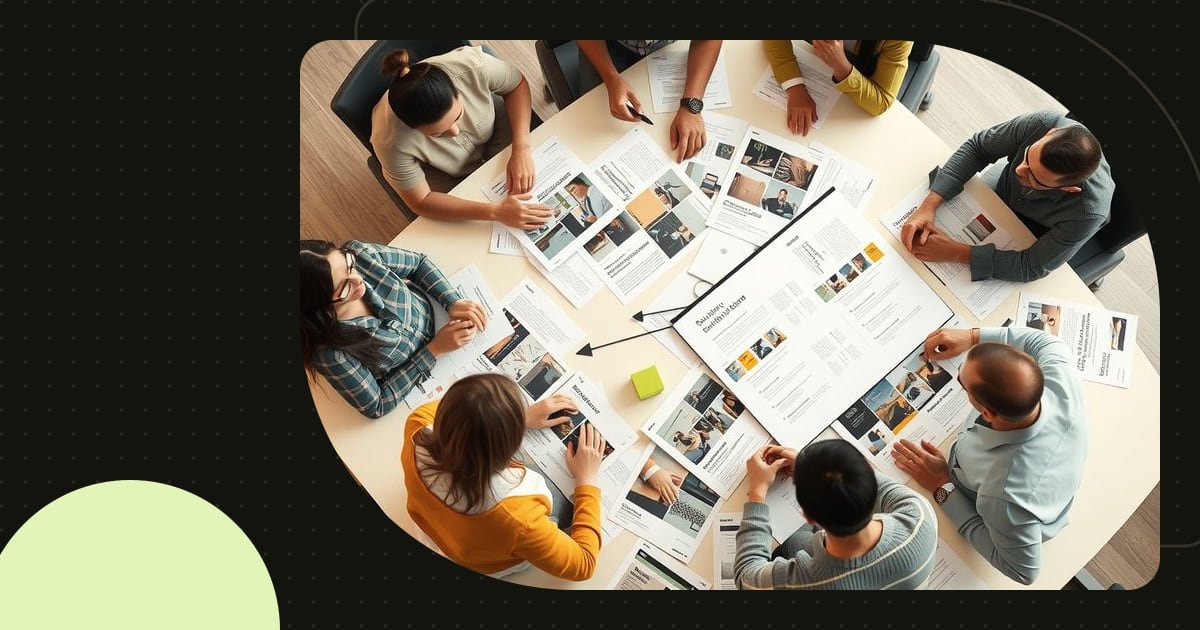A marketing team around a table of website printouts with one strategy document at the centre