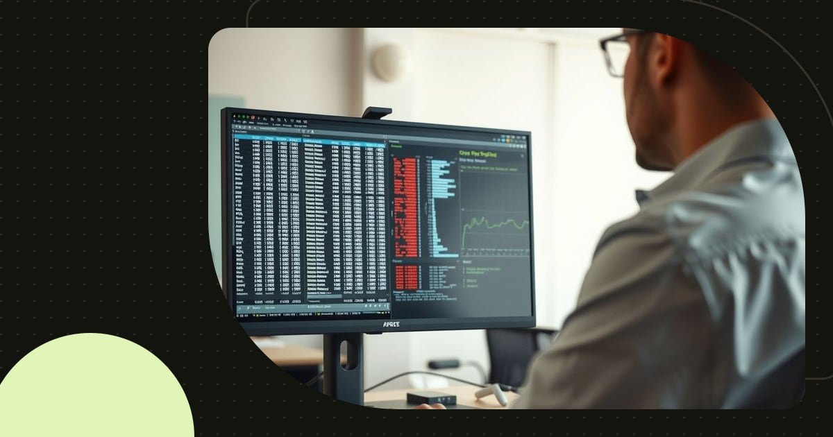 An operations analyst seen from behind working a dense data table on a wide monitor