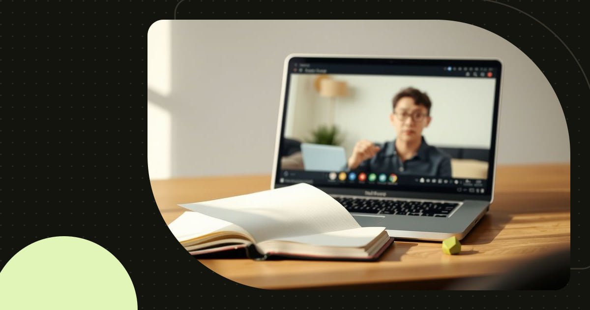 A remote user interview on a laptop with the interviewer's notebook open beside it