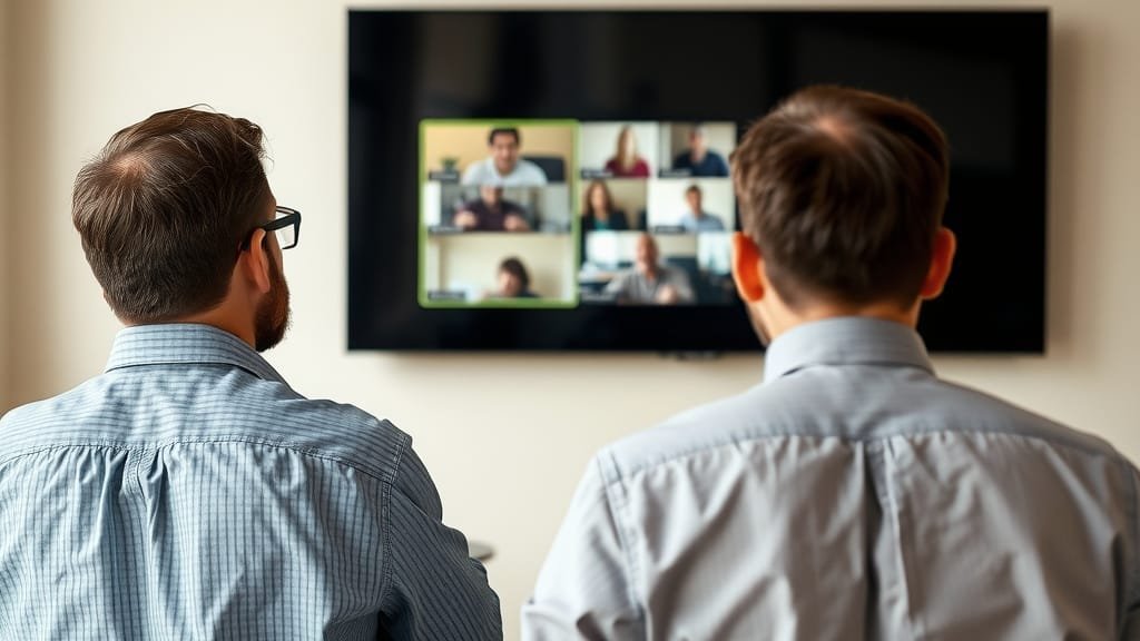 An engineer and a designer reviewing a session recording together on a large screen