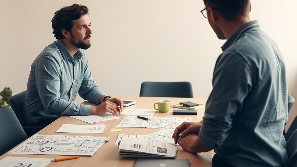 A founder and a designer planning together over sketches at a meeting table