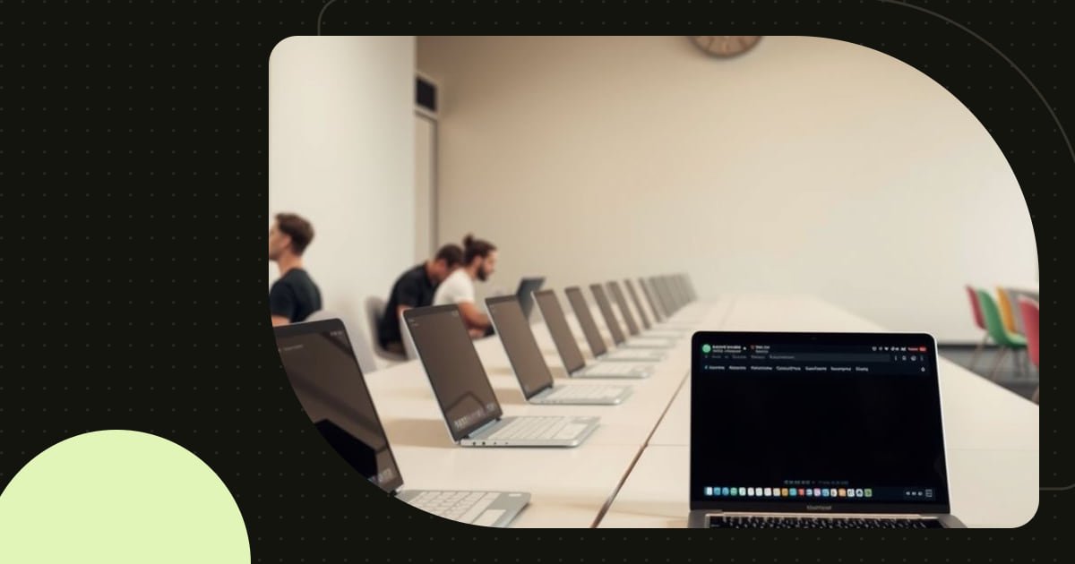 A row of laptops showing near-identical dark websites, the last one different